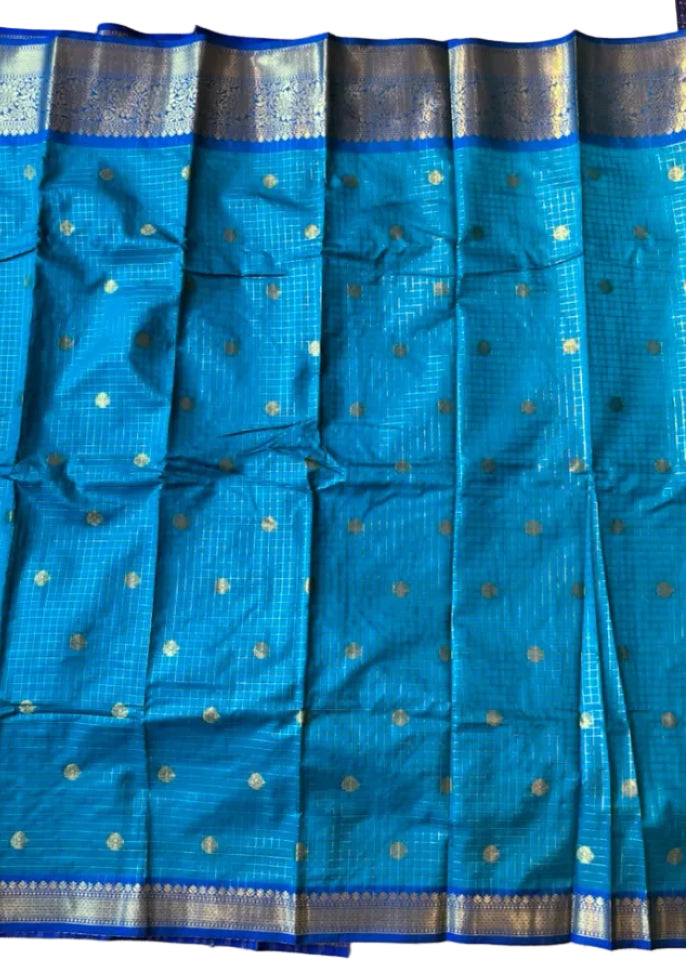 Peacock Blue and Royal Blue Semi Silk Saree With Check Design On Body SL634