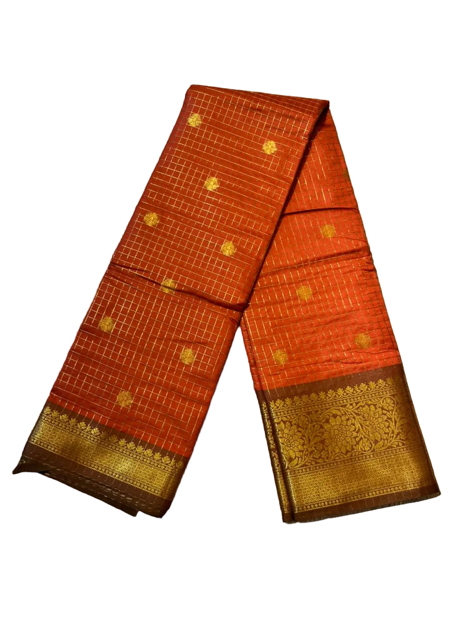 Orange and Brown Colour Semi Silk Saree With Check Design SL634