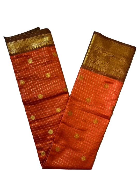 Orange and Brown Colour Semi Silk Saree With Check Design SL634