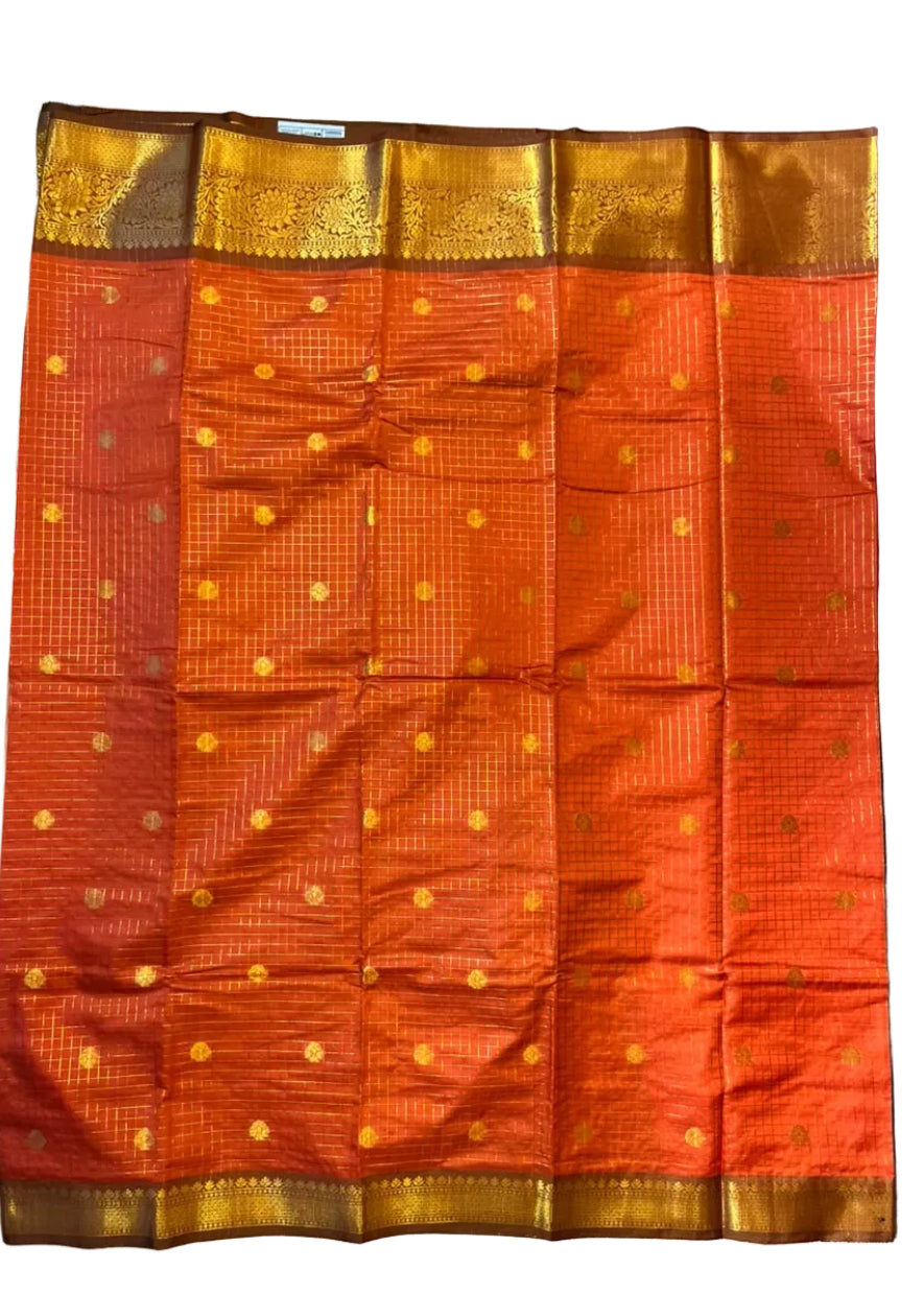 Orange and Brown Colour Semi Silk Saree With Check Design SL634