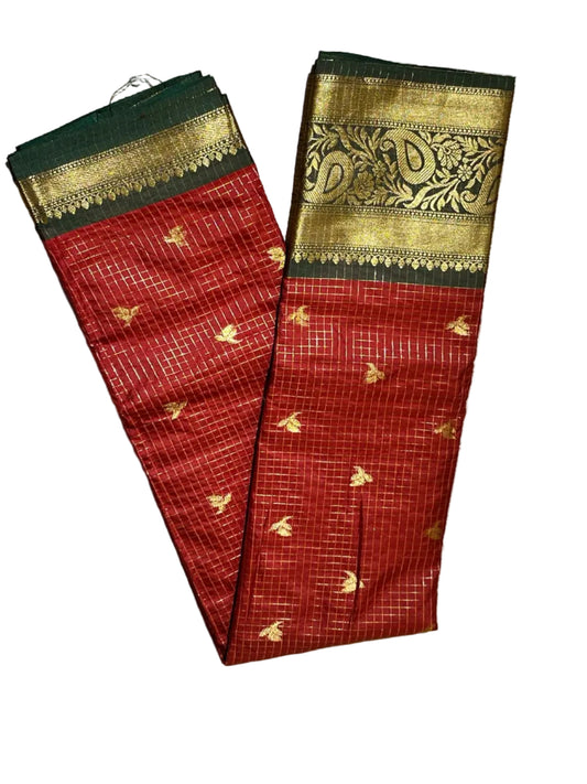 Red and Green Colour Semi Silk Saree With Check Design SL634