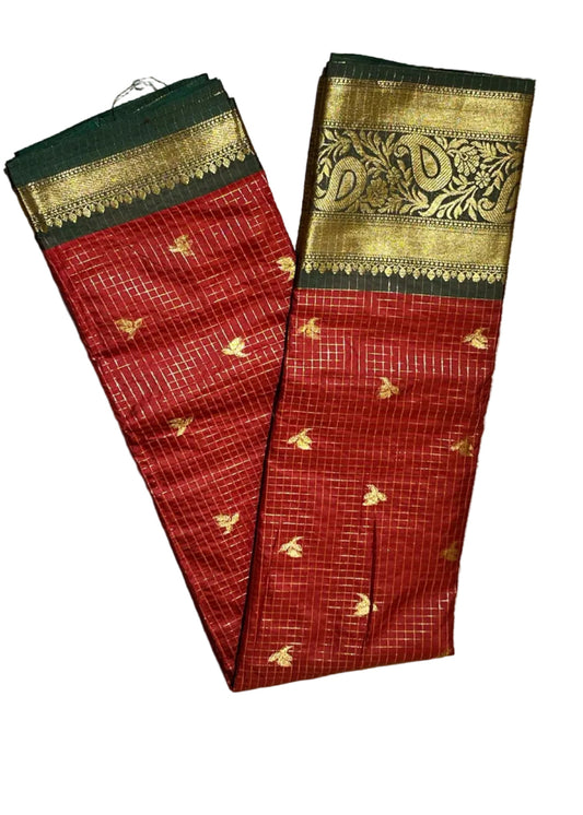 Red and Green Colour Semi Silk Saree With Check Design SL634