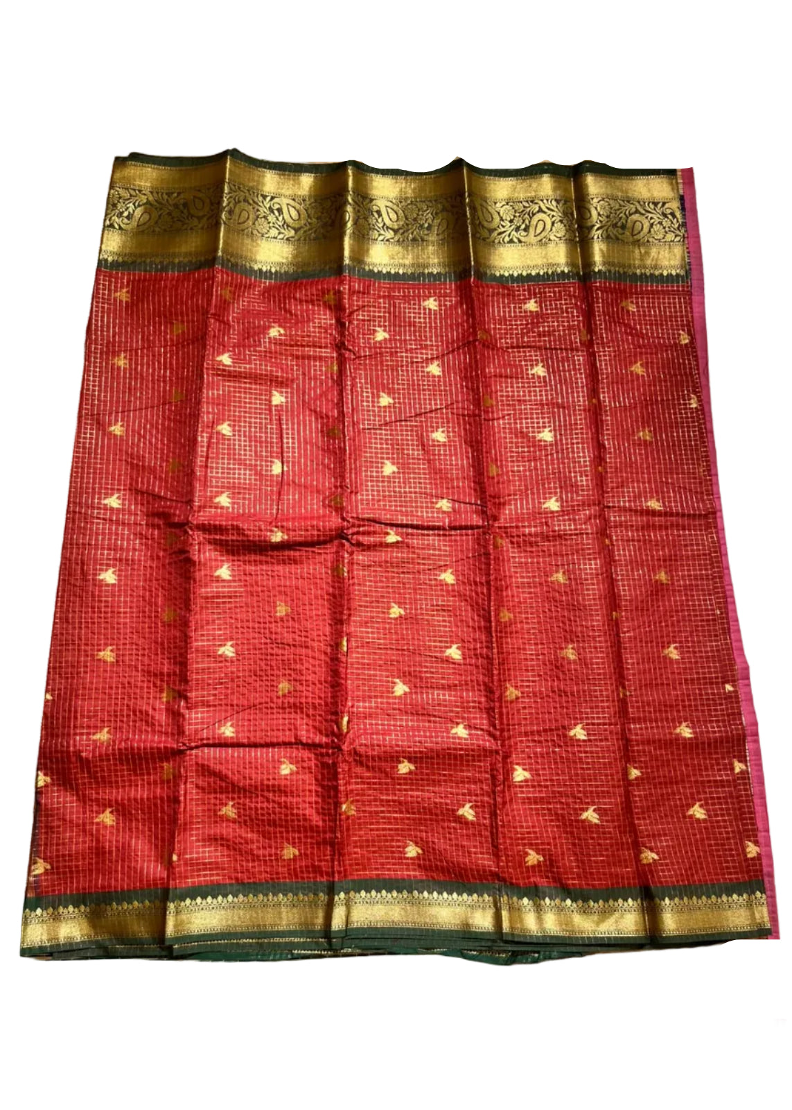 Red and Green Colour Semi Silk Saree With Check Design SL634