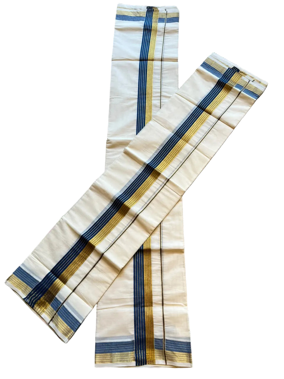 Kerala Cotton Golden Kasavu With Blue Colour Kara Single Set Mundu (2.80 mtrs) SL421