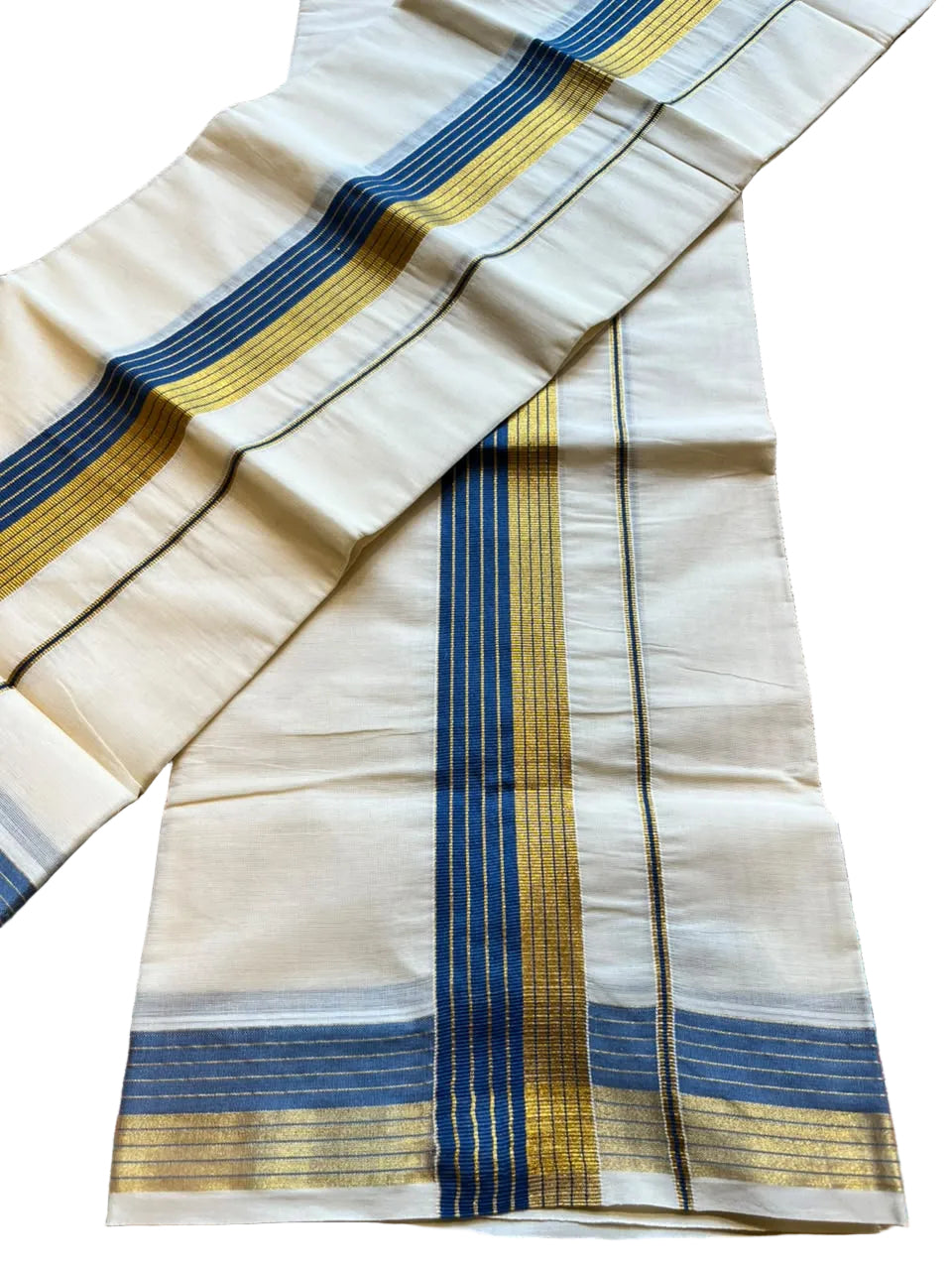 Kerala Cotton Golden Kasavu With Blue Colour Kara Single Set Mundu (2.80 mtrs) SL421