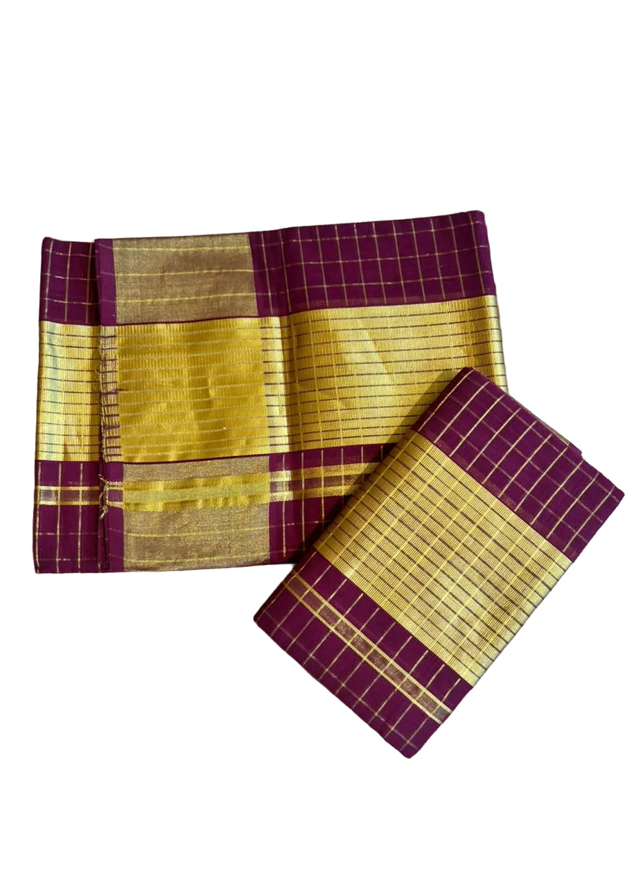Kerala Cotton Handloom Maroon Set Mundu With Check Desgin On The Body 2.80 Mtrs (With Blouse Piece) SL630
