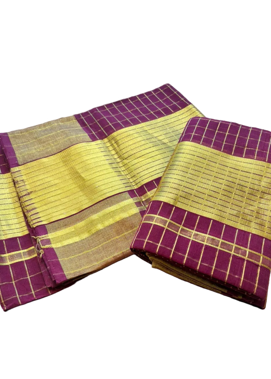 Kerala Cotton Handloom Maroon Set Mundu With Check Desgin On The Body 2.80 Mtrs (With Blouse Piece) SL630