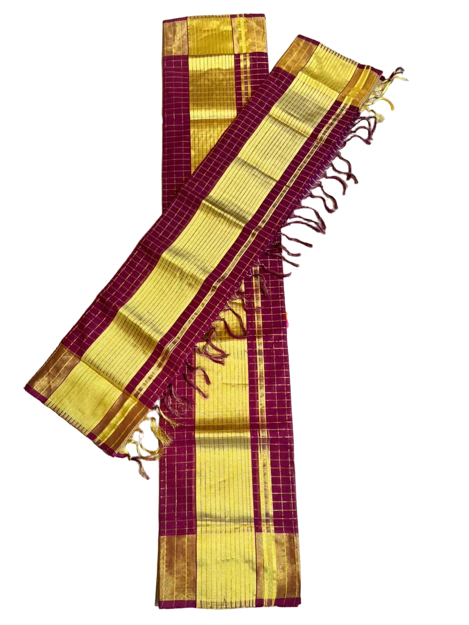 Kerala Cotton Handloom Maroon Set Mundu With Check Desgin On The Body 2.80 Mtrs (With Blouse Piece) SL630