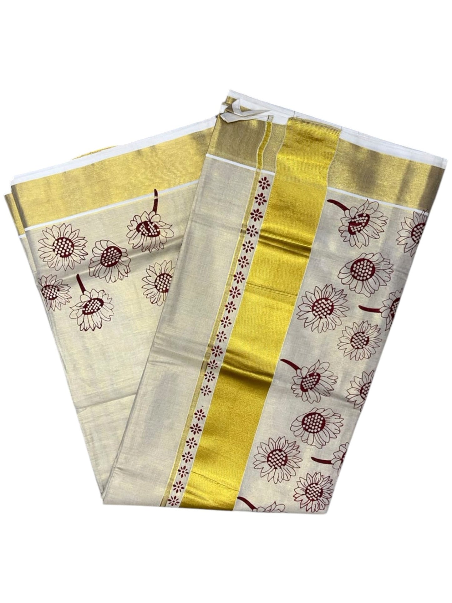 Southloom Kerala Tissue Kasavu Plain Saree with Maroon Floral Printed work On Border