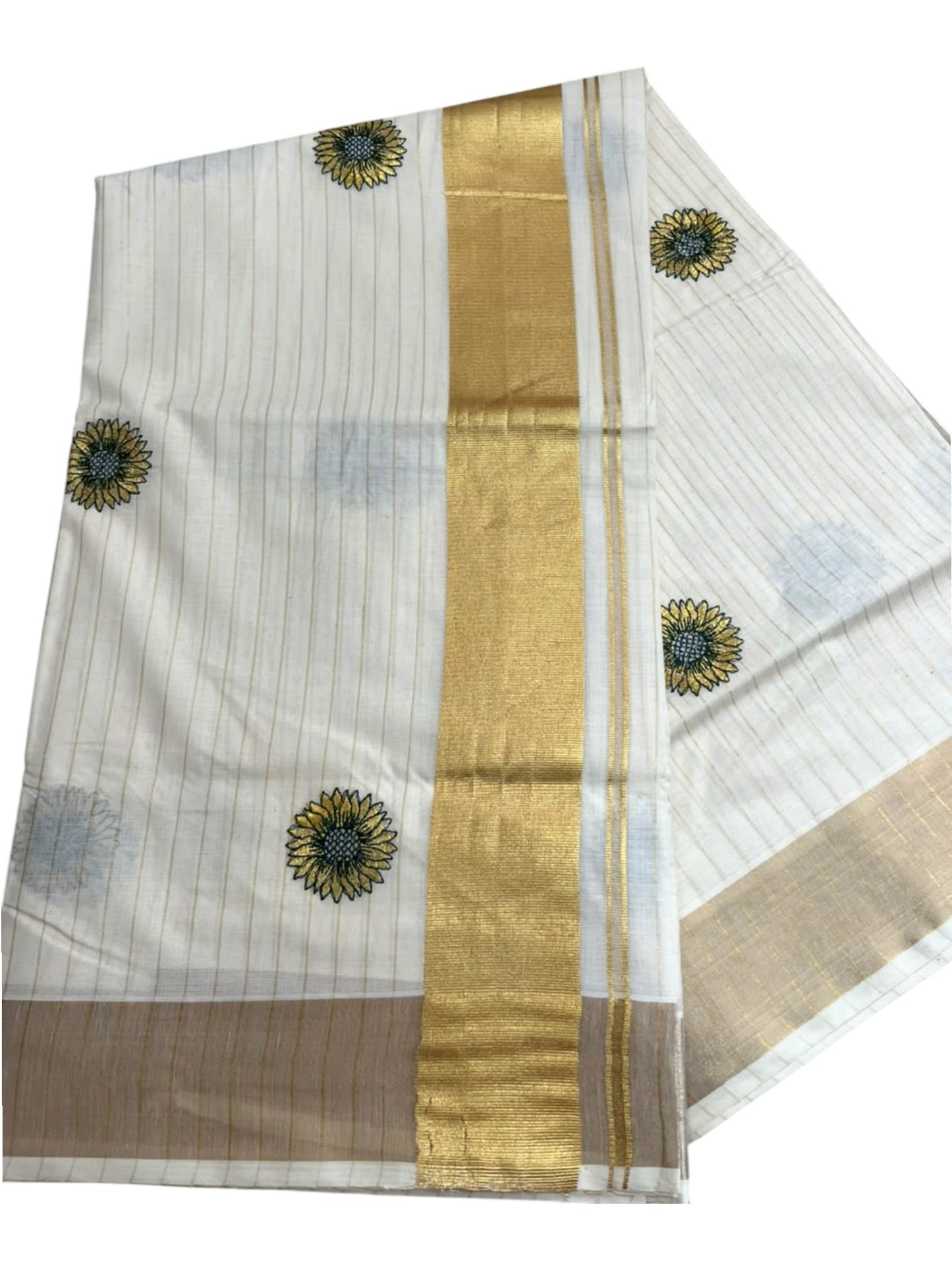 Southloom Cotton Kerala Kasavu Lines Saree With Embroidery Work On  Body SL314