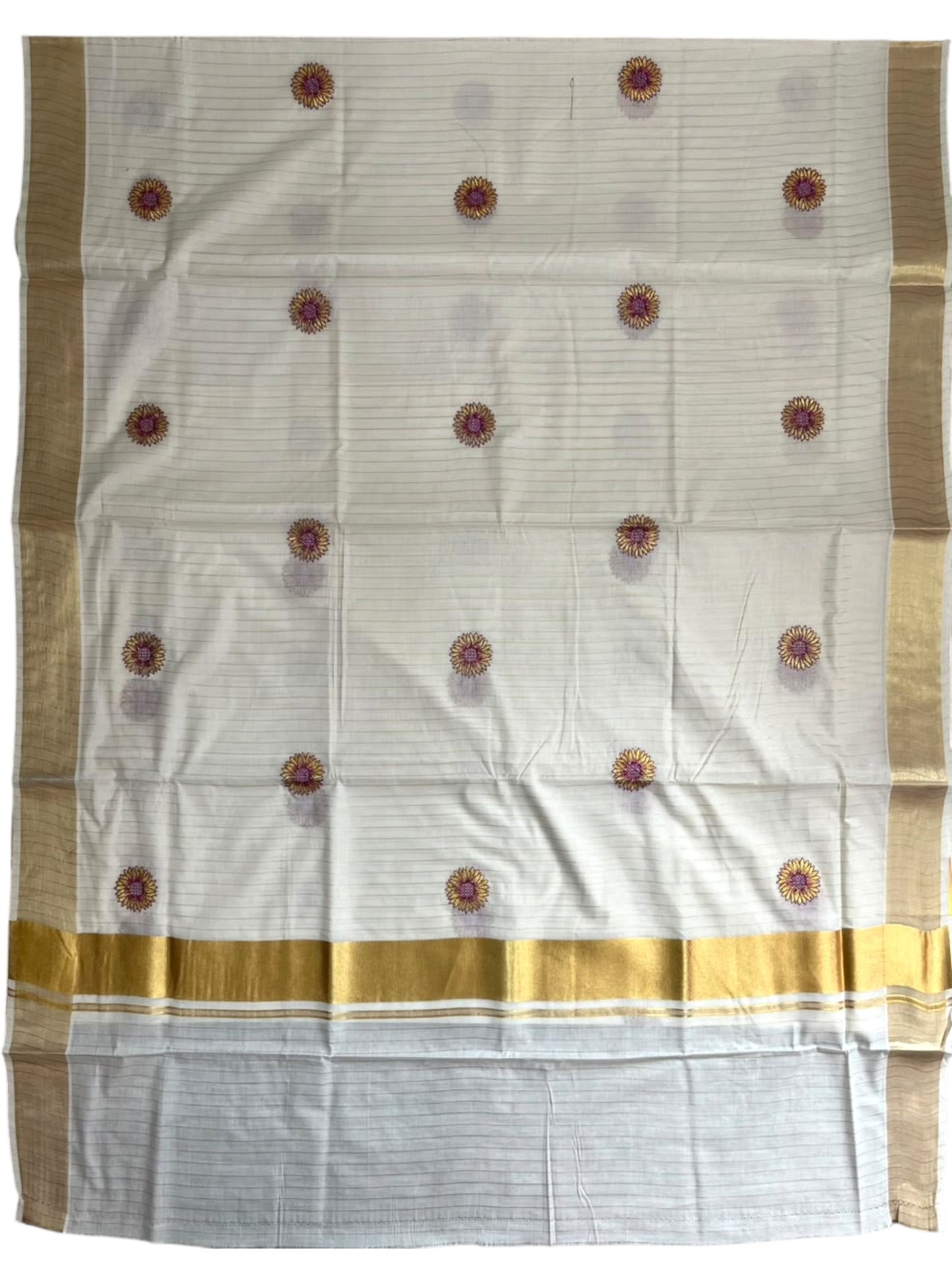Kerala Cotton Lines saree with Pink Floral Embroidery SL314