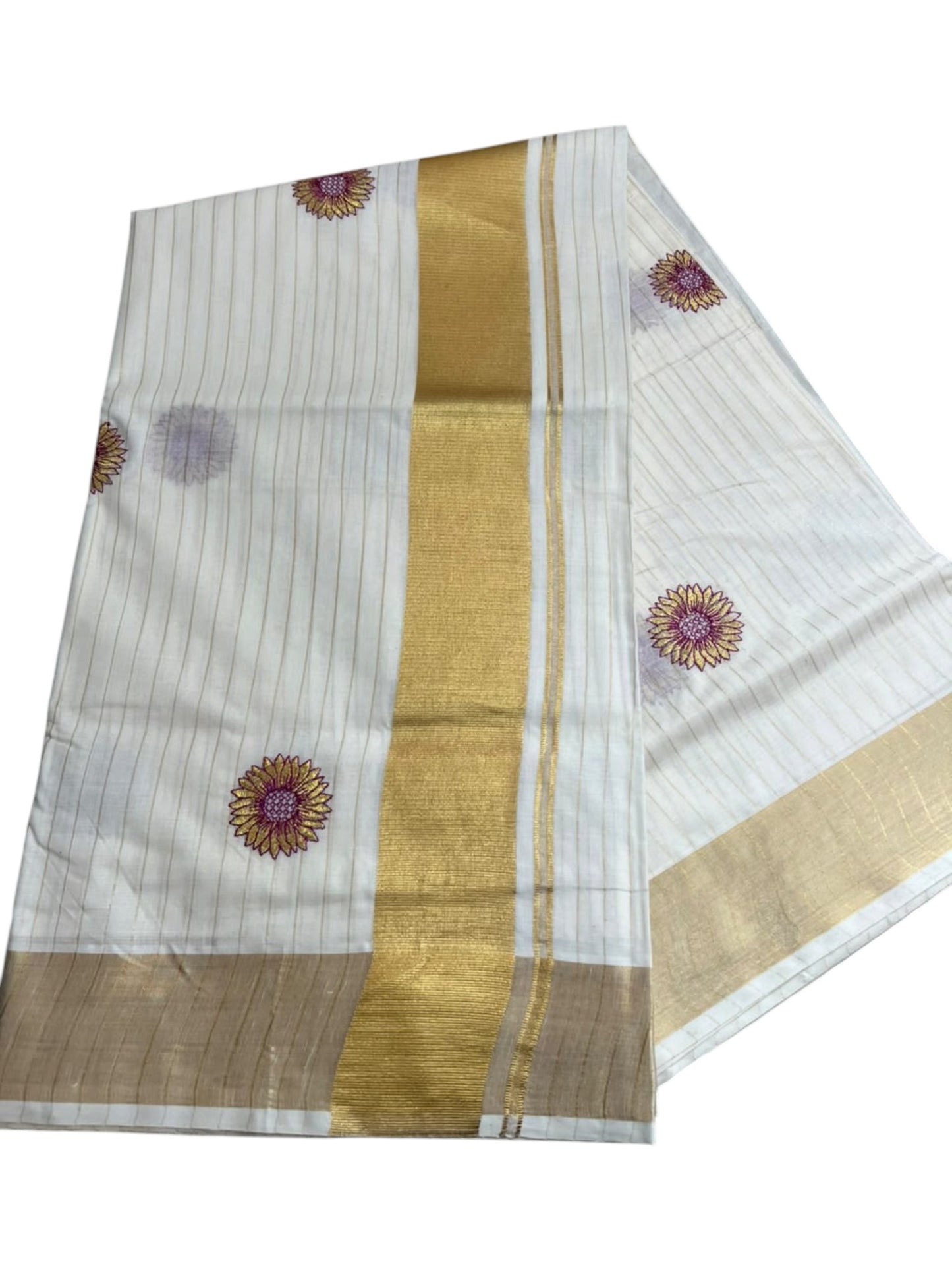 Kerala Cotton Lines saree with Pink Floral Embroidery SL314