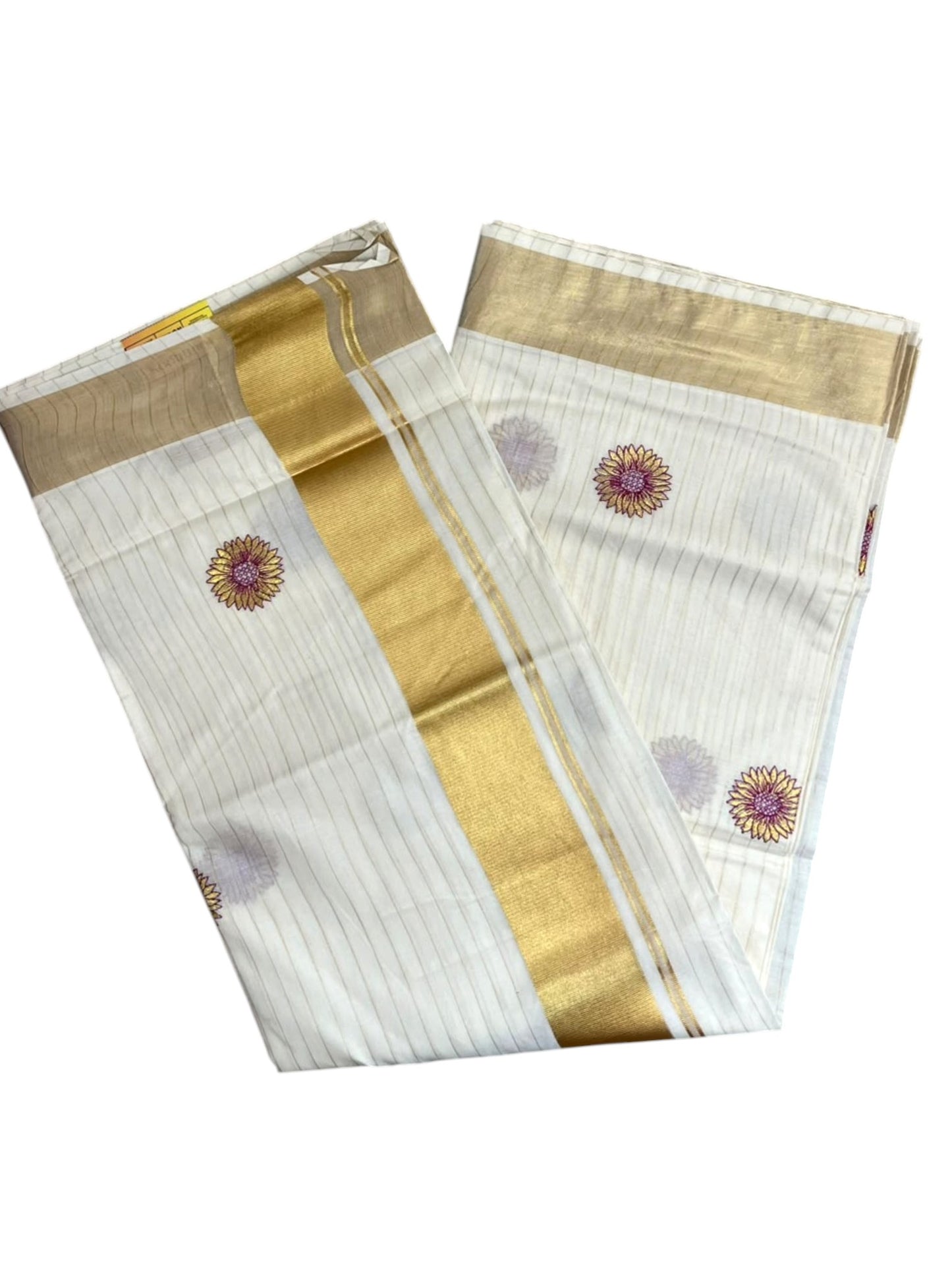 Kerala Cotton Lines saree with Pink Floral Embroidery SL314