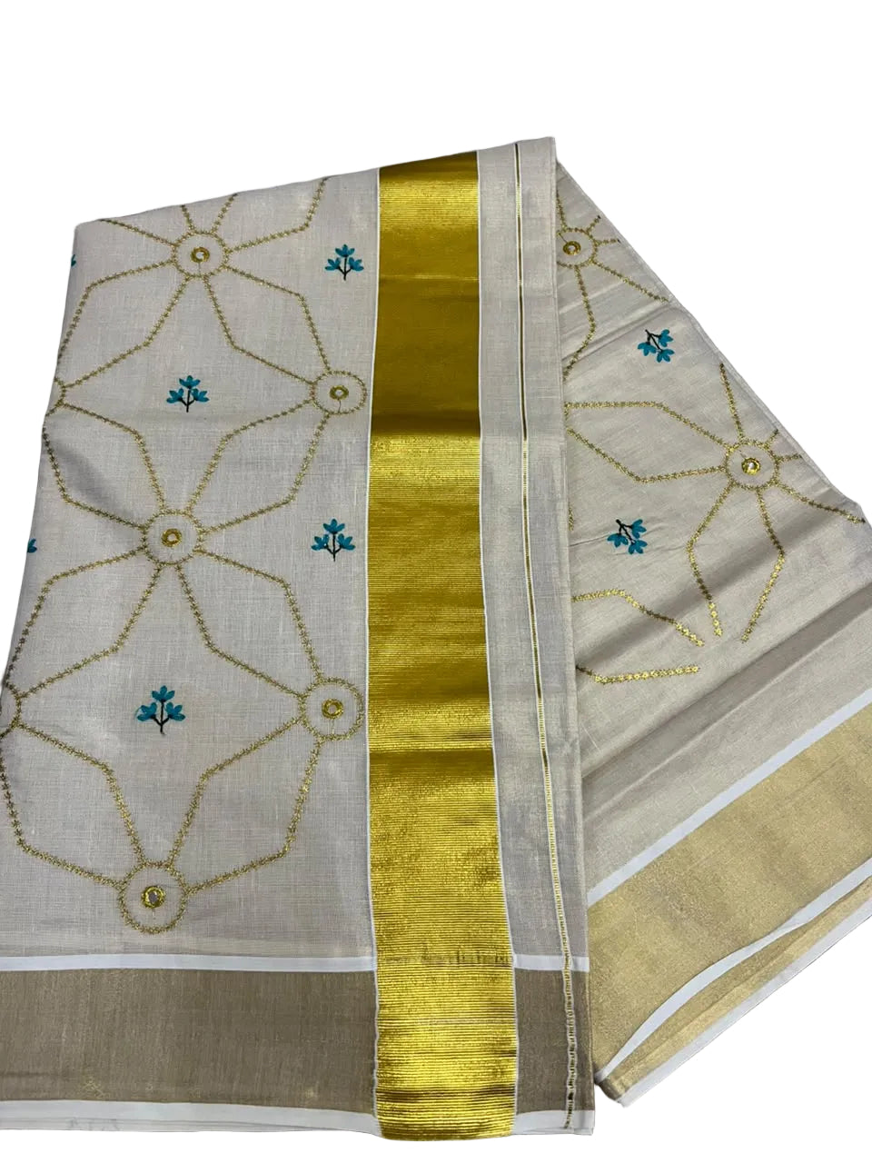 Southloom Kerala Tissue Kasavu Saree with Floral Embroidery Work on Body in Blue