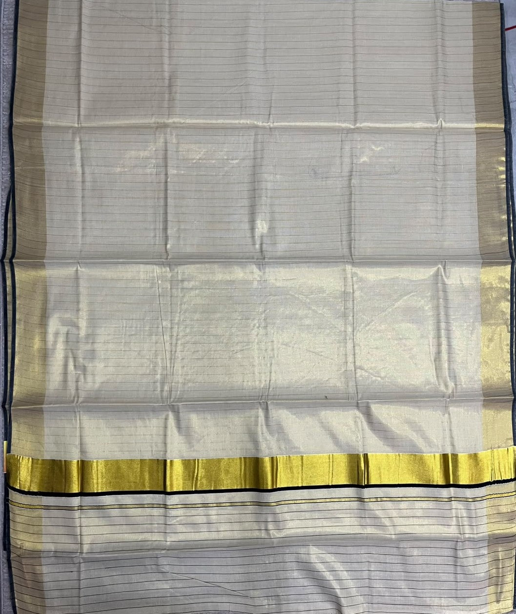 Southloom Kerala Tissue Kasavu Saree with Stripes on Body In Black Border