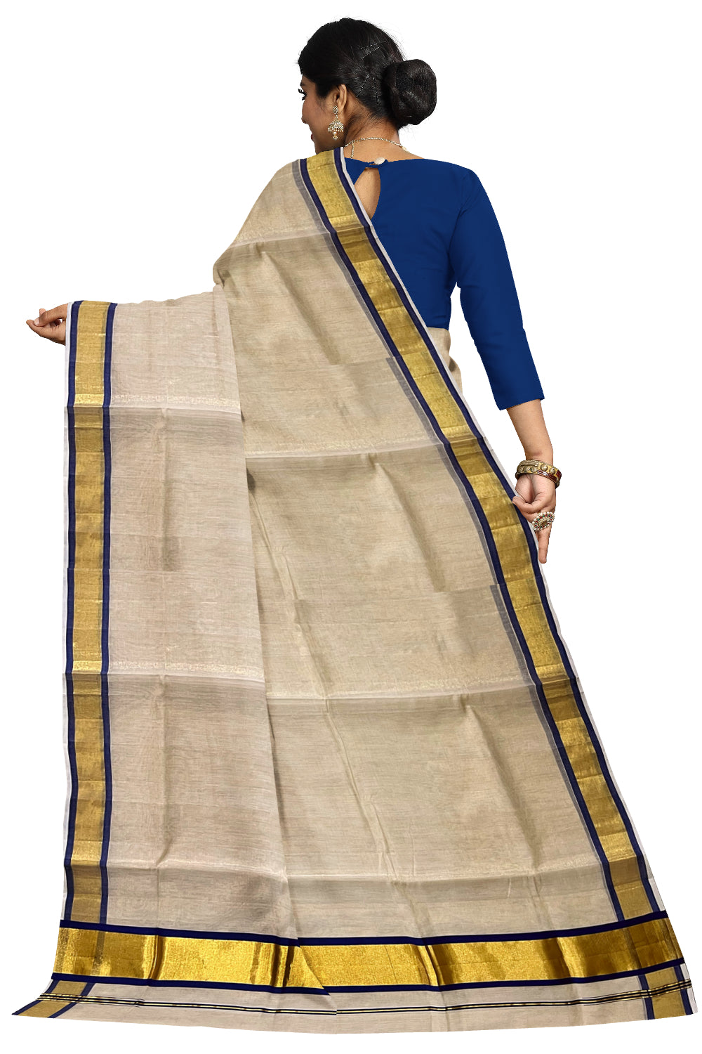 Southloom™ Premium Handloom Tissue Saree with Kasavu and Blue Border