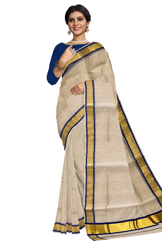 Southloom™ Premium Handloom Tissue Saree with Kasavu and Blue Border