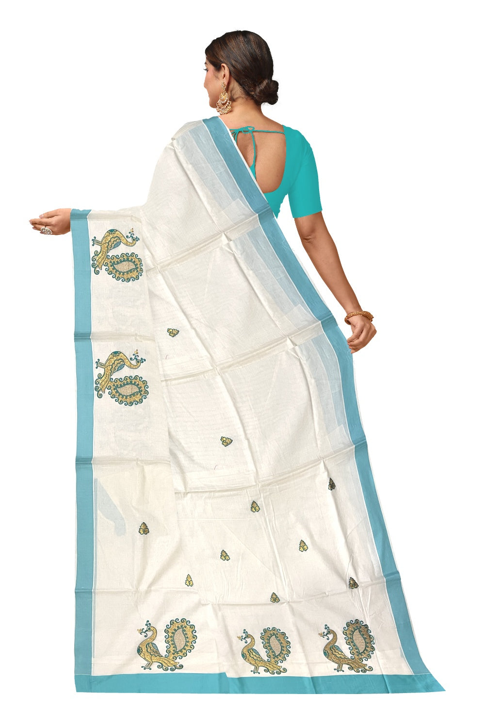 Pure Cotton Kerala Saree with Peacock Embroidery Work and Turquoise Border (Onam Saree 2023)