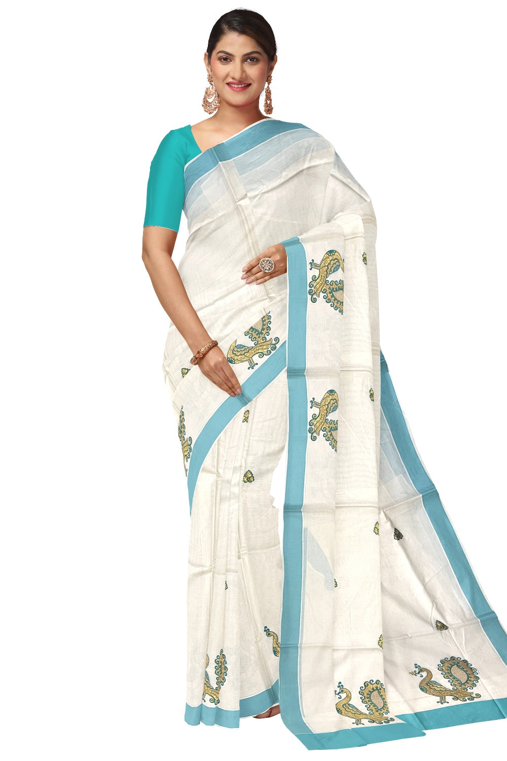 Pure Cotton Kerala Saree with Peacock Embroidery Work and Turquoise Border (Onam Saree 2023)