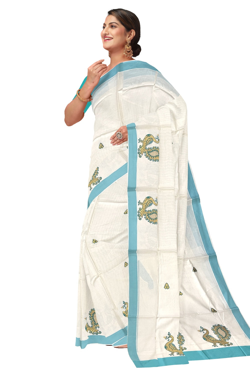 Pure Cotton Kerala Saree with Peacock Embroidery Work and Turquoise Border (Onam Saree 2023)