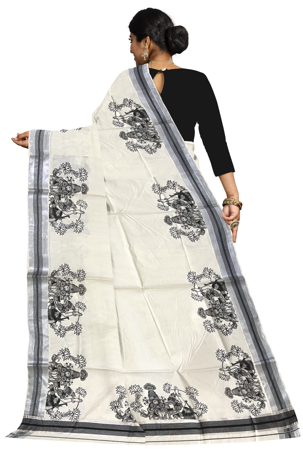 Pure Cotton Kerala Silver Kasavu Saree with Krishna Radha Mural Prints and Black Border