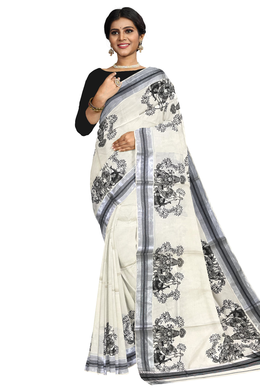 Pure Cotton Kerala Silver Kasavu Saree with Krishna Radha Mural Prints and Black Border