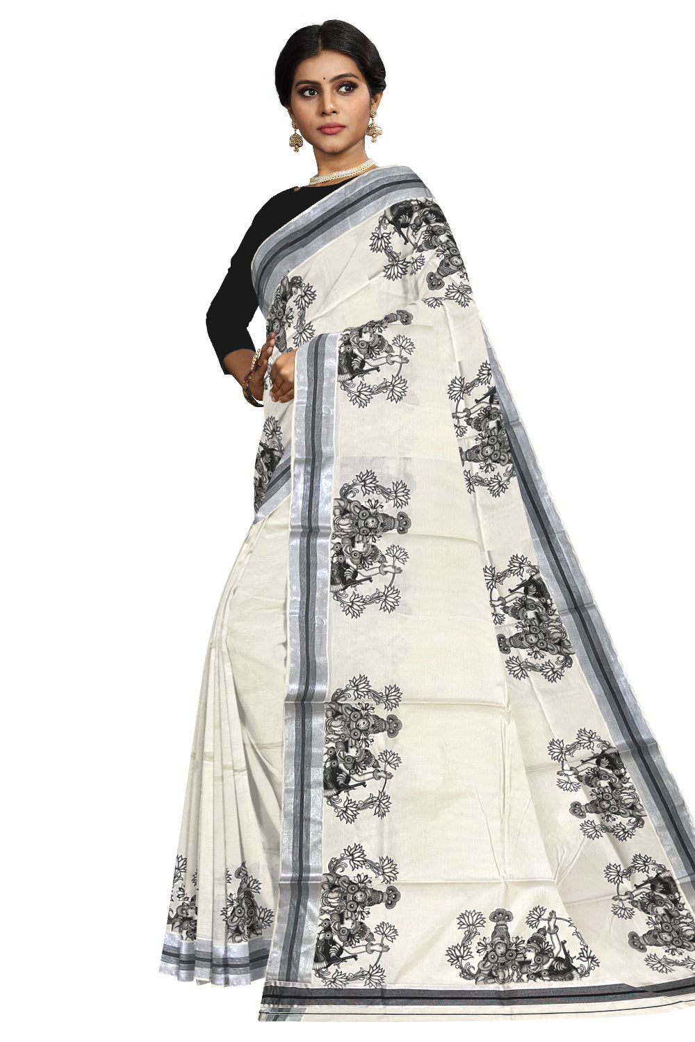 Pure Cotton Kerala Silver Kasavu Saree with Krishna Radha Mural Prints and Black Border