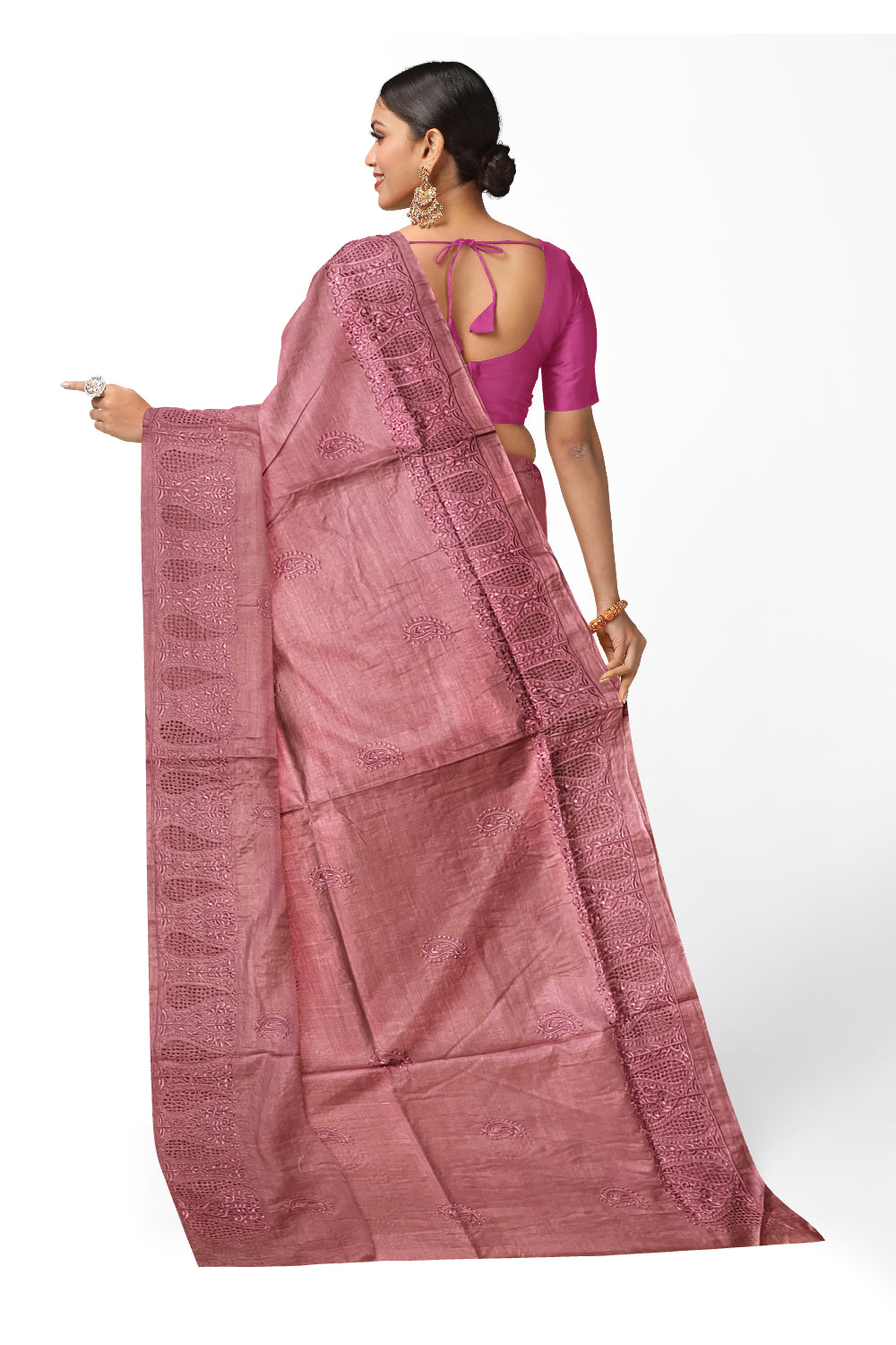 Southloom Pure Tussar Pink Designer Saree with Thread Work Border