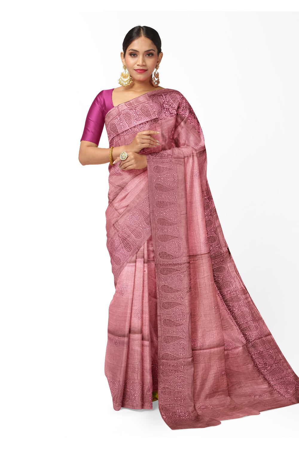 Southloom Pure Tussar Pink Designer Saree with Thread Work Border