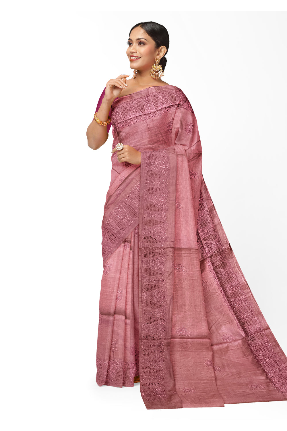 Southloom Pure Tussar Pink Designer Saree with Thread Work Border