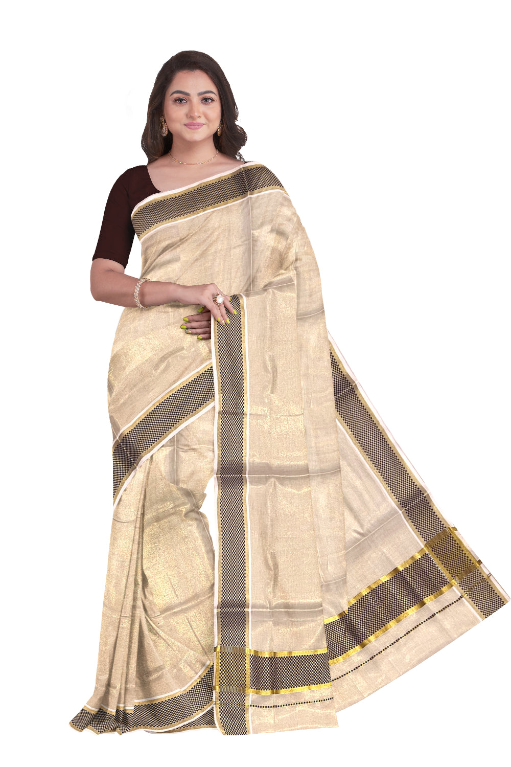 Kerala Kasavu Tissue Saree with Dark Brown Paa Neythu Border