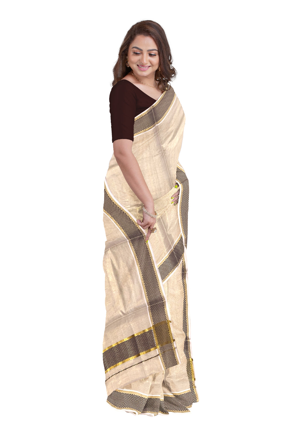 Kerala Kasavu Tissue Saree with Dark Brown Paa Neythu Border