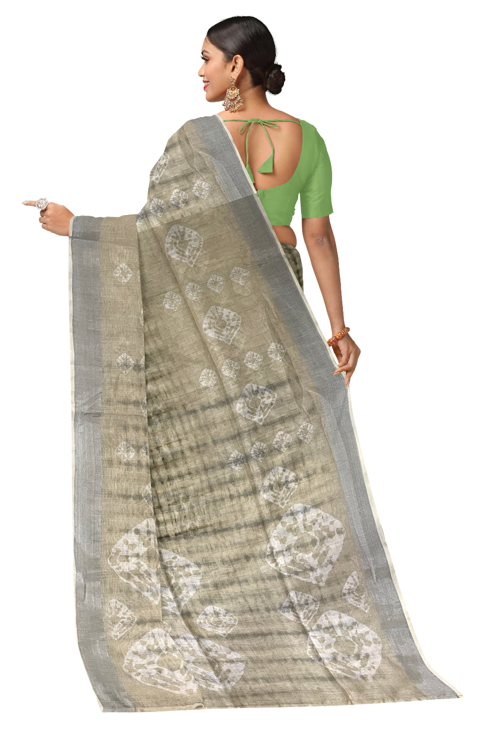 Southloom Linen Light Green Saree with Designer Prints on Body