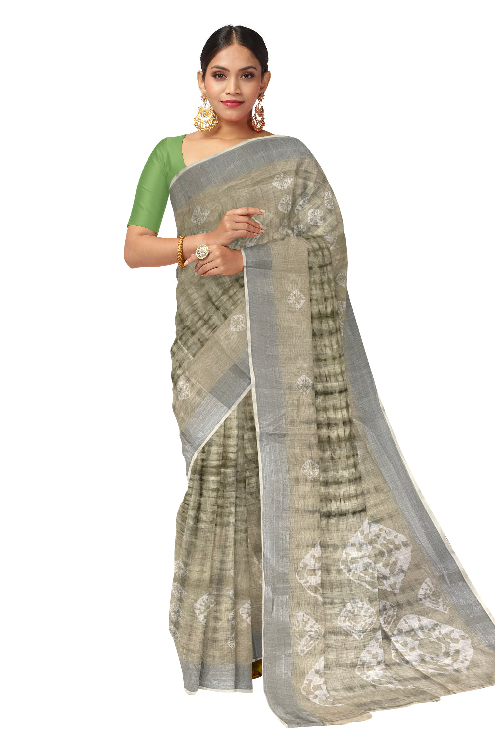 Southloom Linen Light Green Saree with Designer Prints on Body