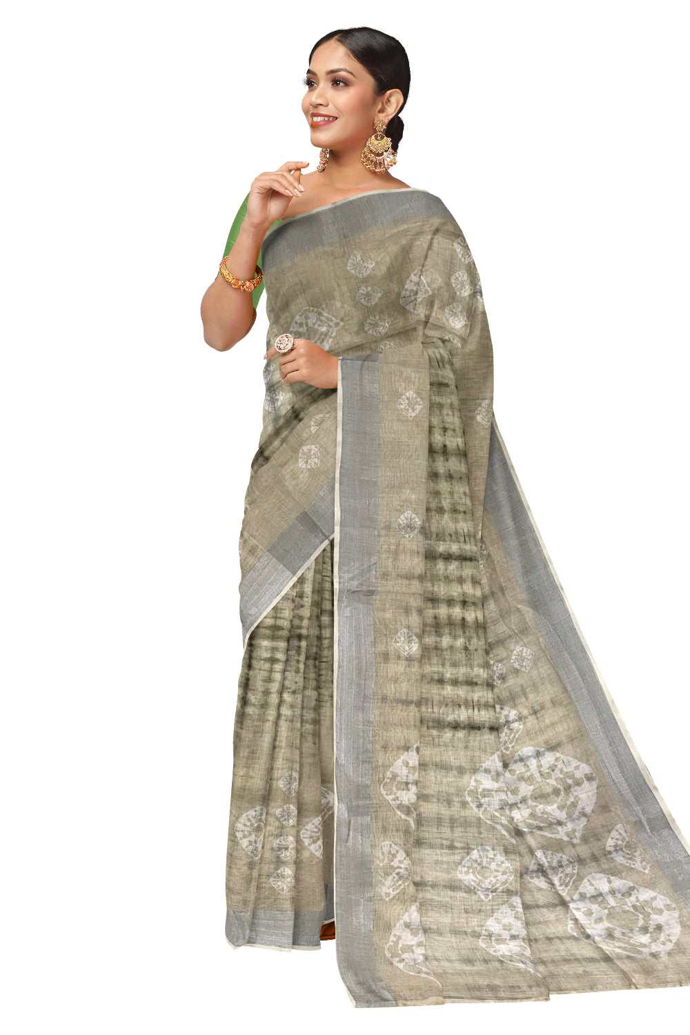 Southloom Linen Light Green Saree with Designer Prints on Body