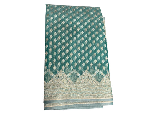 Southloom Cotton Banarasi Silk Saree with Woven Work on Body and Borders (Green)