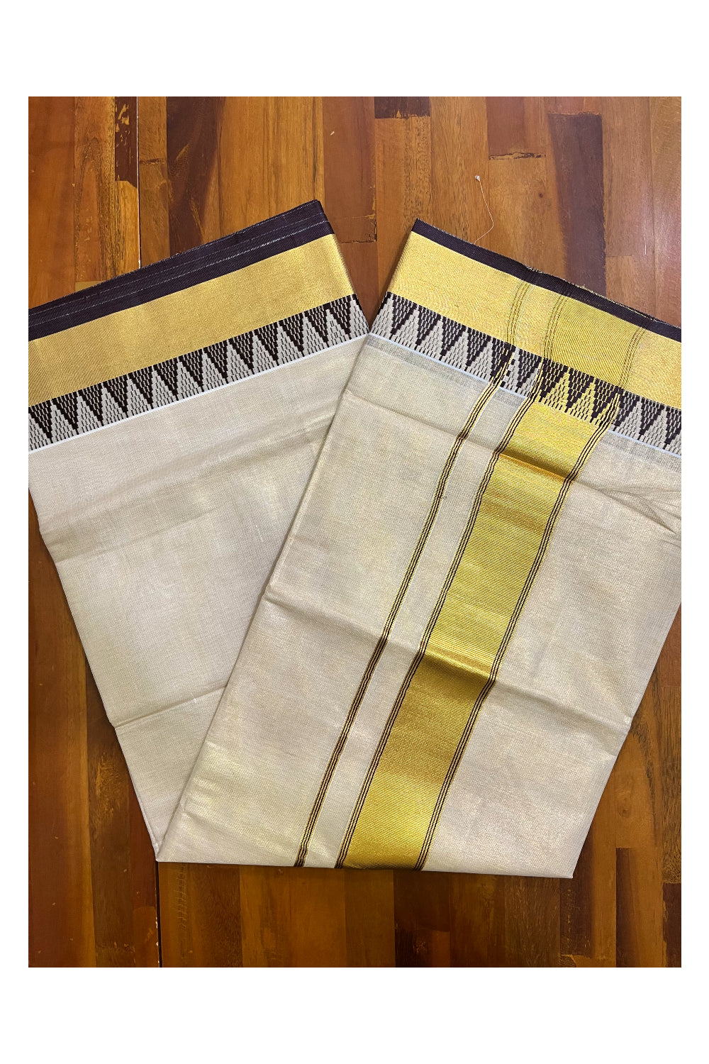 Kerala Tissue Saree with Kasavu and Brown Temple Woven Designs on Border (Vishu 2024 Collection)