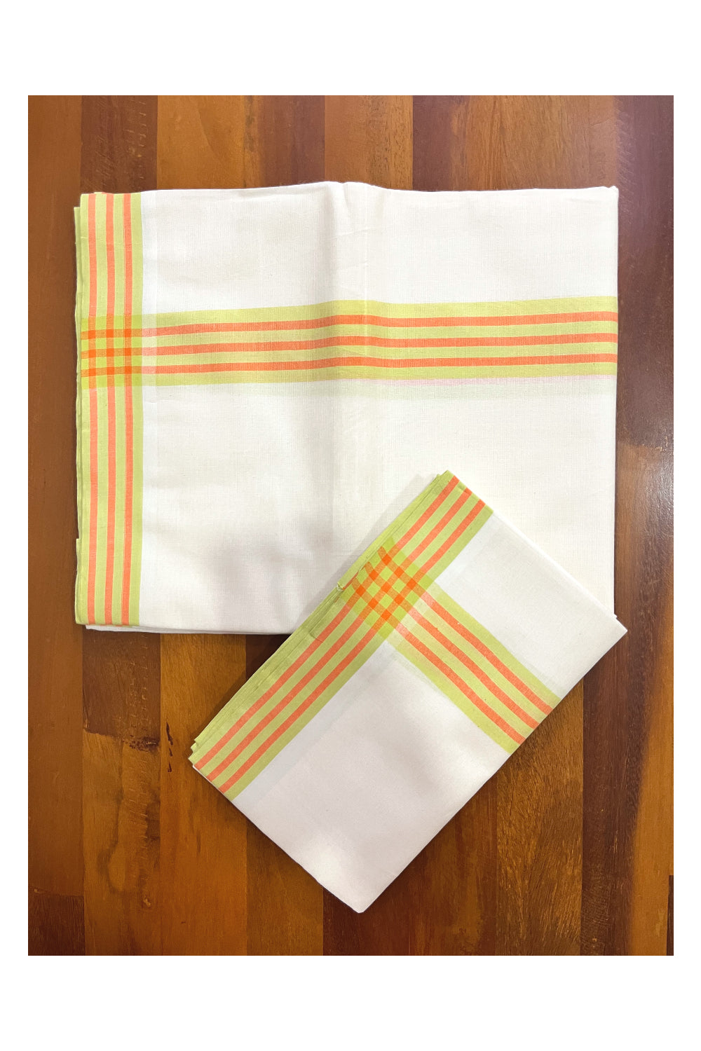 Kerala Cotton Mulloth Mundum Neriyathum Single (Set Mundu) with Orange Light Green Border (Extra Soft Cotton) 2.80 Mtrs