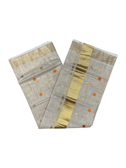 Southloom Kerala Tissue Kasavu Saree with Gold& Orange Polka Embroidery Works on Body