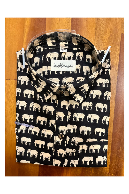 Southloom Jaipur Cotton Black Elephant Hand Block Printed Shirt For Kids (Half Sleeves)