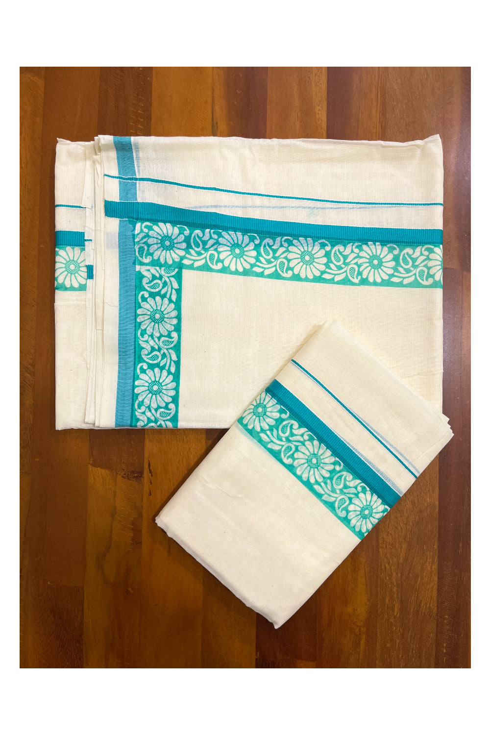 Kerala Cotton Kasavu Single Set Mundu (Mundum Neriyathum) with Green Kara and  Block prints (Onam 2024 Collection)