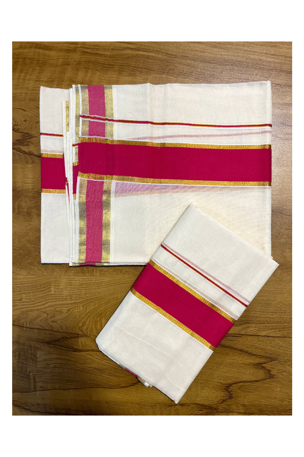 Kerala Cotton Mundum Neriyathum Single (Set Mundu) with Dark Pink and Kasavu Border