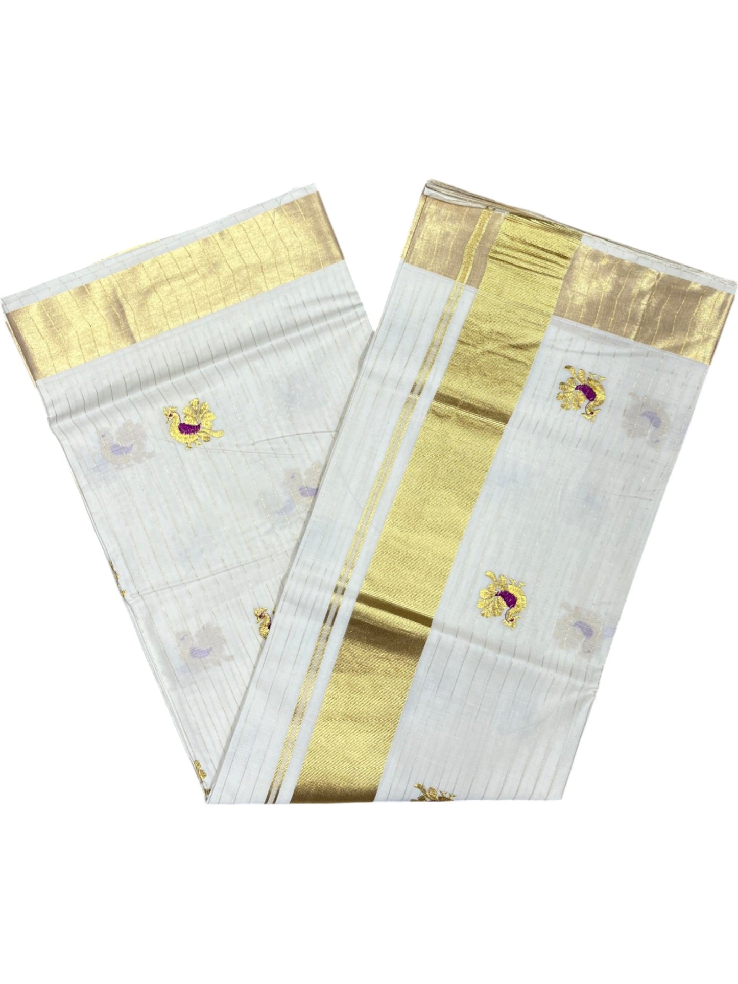 Southloom Cotton Kerala Kasavu Lines Saree with Peacock Embroidery Work on Body in Magenta