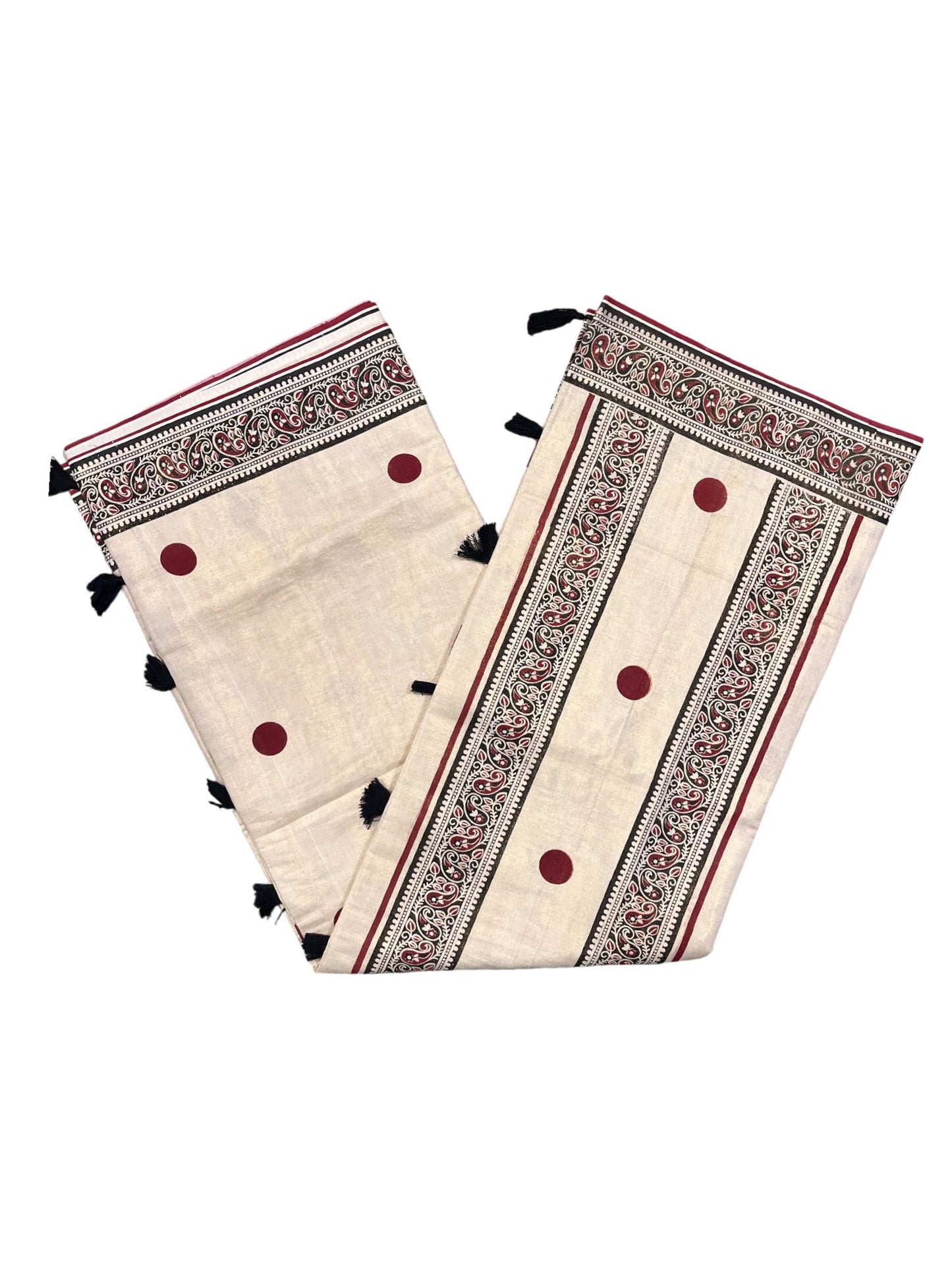Southloom Kerala Tissue Kasavu Saree With Maroon Polka Dots on Body