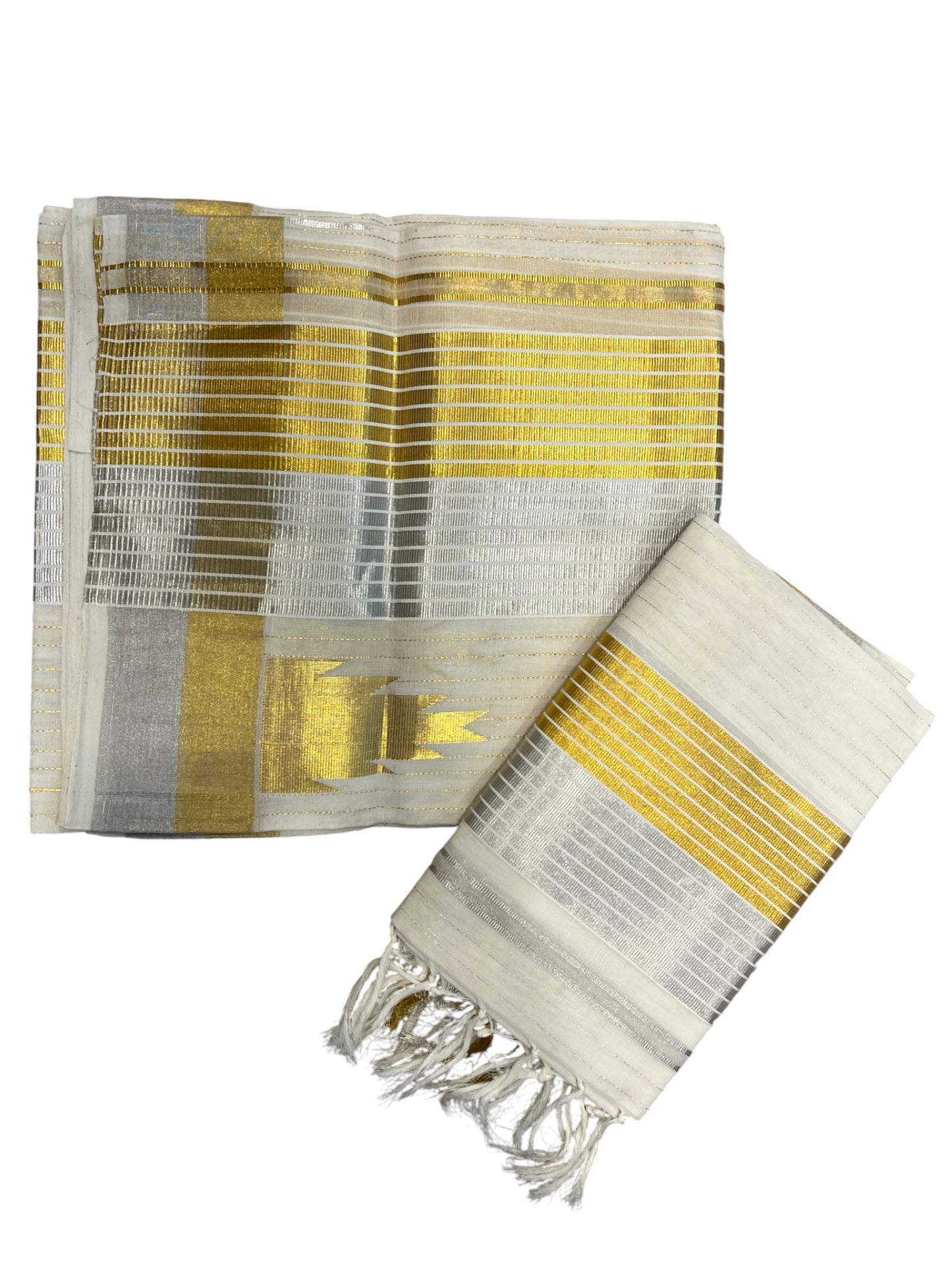 Southloom Premium Balaramapuram Handloom Set Mundu with Silver and Gold Lines Design on Kara