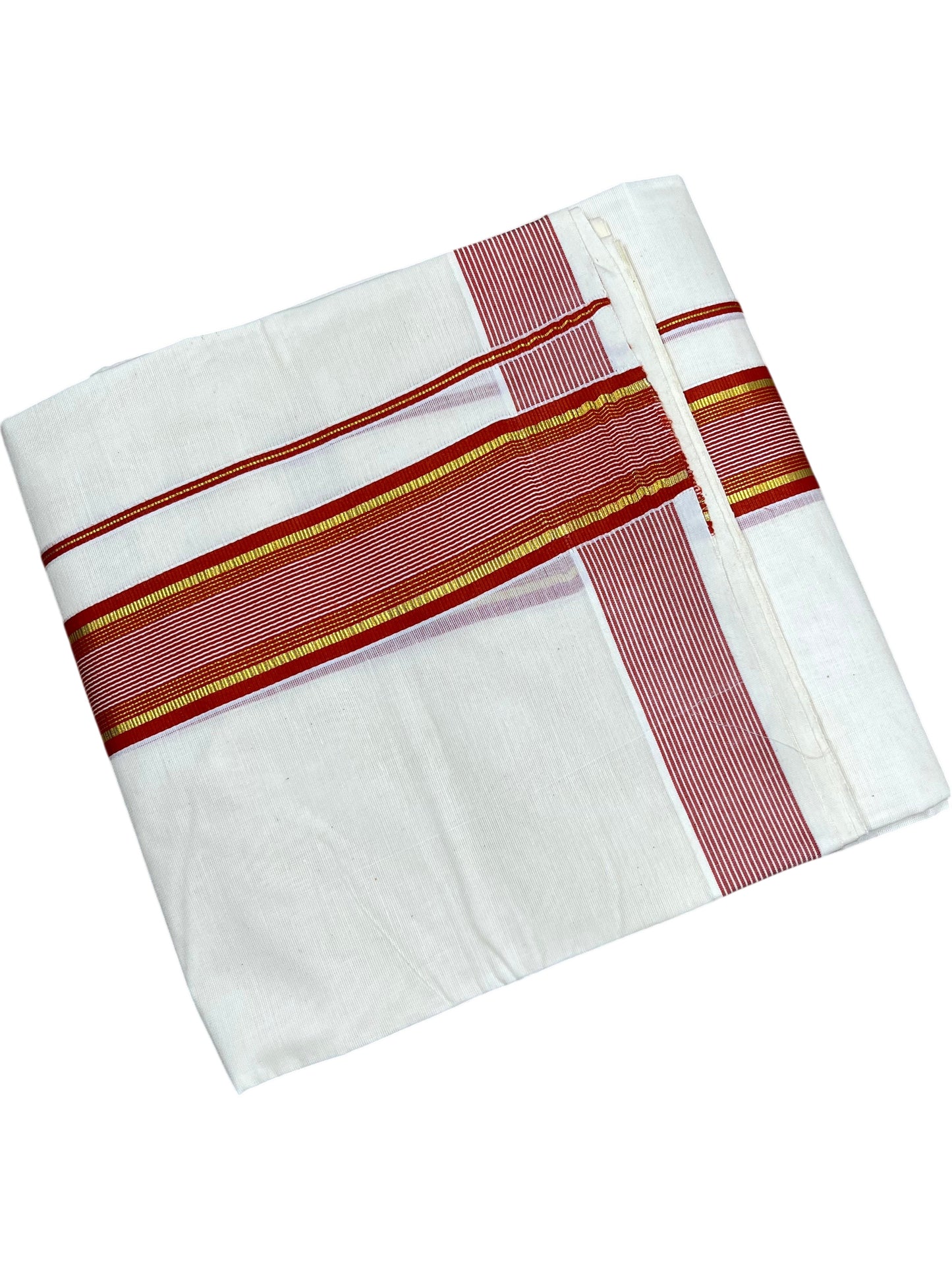 Southloom Pure Cotton Mundu with Gold lines& Orange Border (South Indian Kerala Dhoti)
