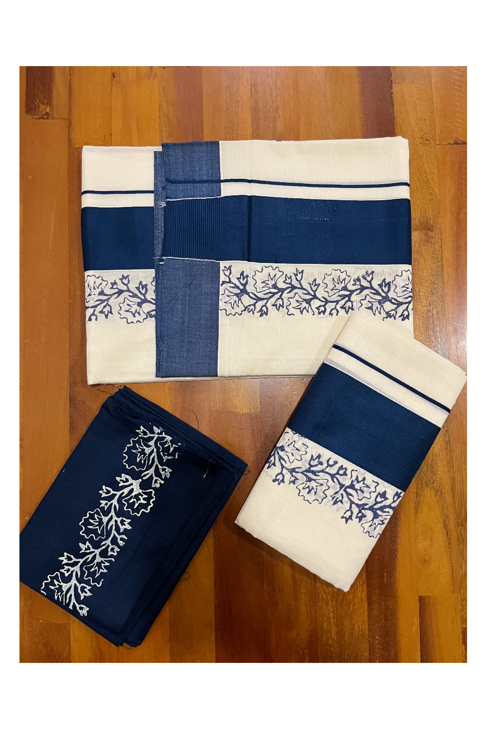 Pure Cotton Kerala Single Set Mundu (Mundum Neriyathum) with Block Printed Border and Dark Teal Blue Blouse Piece