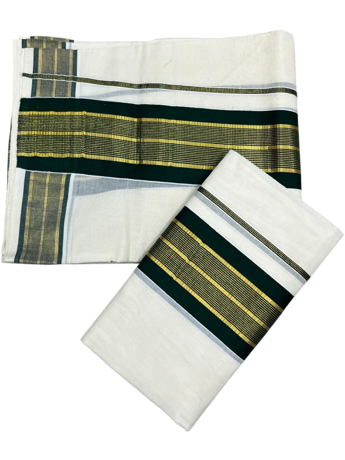 Southloom Kerala Cotton Kasavu Single Set Mundu (Mundum Neriyathum) with Green Kasavu Border SLKK