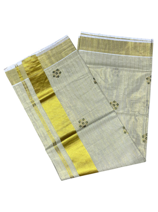 Southloom Kerala Tissue Kasavu Lines Saree with Blue Floral Embroidery Design on Body