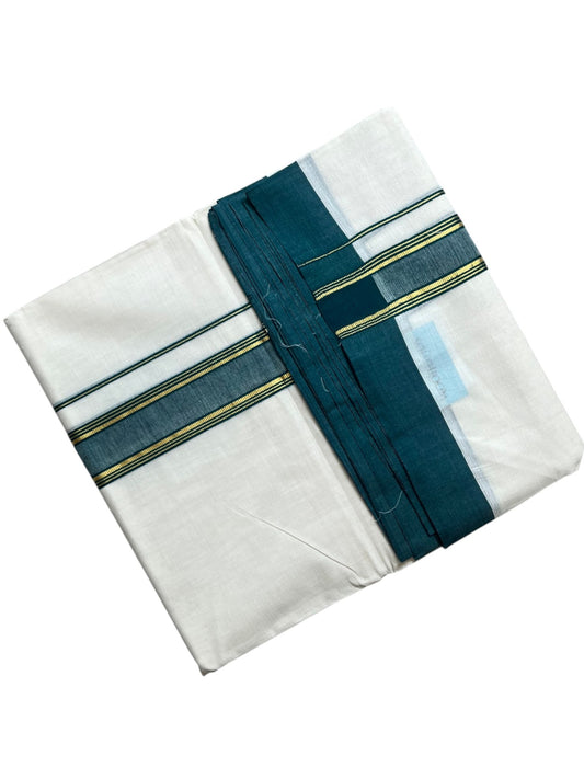 Southloom Pure Cotton Mundu with Golden Lines and Green Border (South Indian Kerala Dhoti)